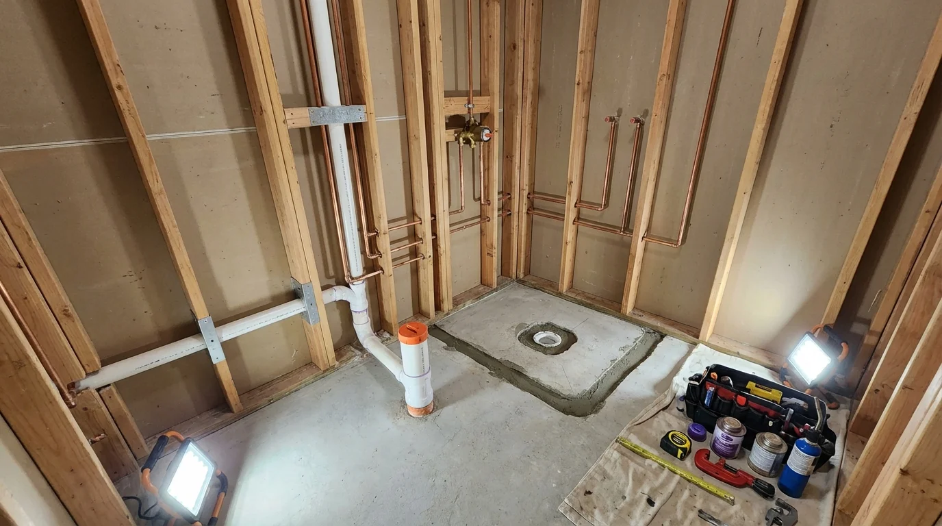 Bathroom rough-in plumbing during remodel by Johns Plumbing LLC in Rock Hall