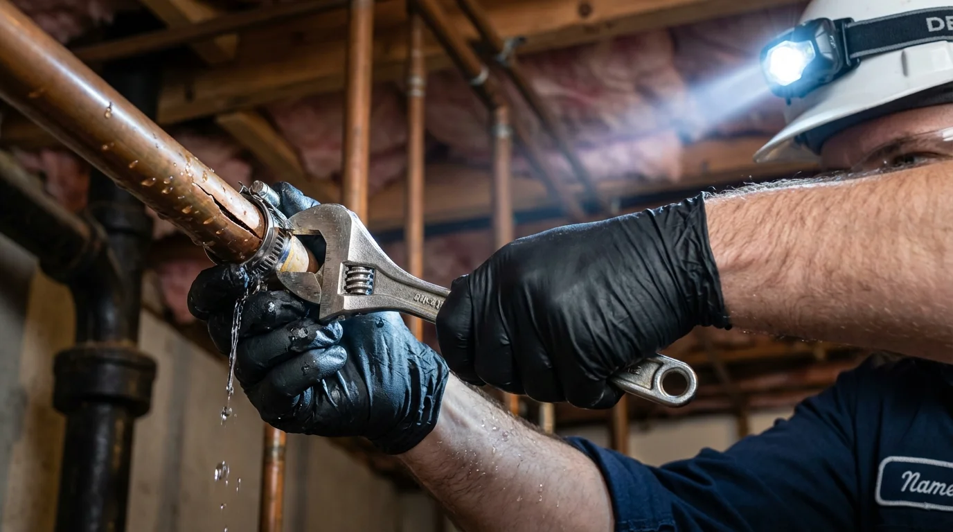 Emergency pipe clamp repair being performed by a Johns Plumbing LLC plumber in Rock Hall