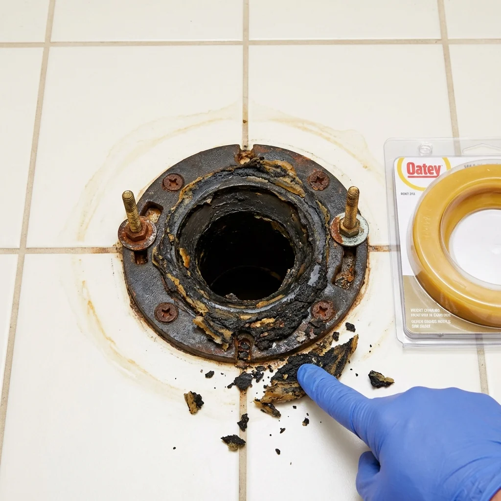 Failed wax ring showing water seepage at the base of a toilet in a Rock Hall, MD home