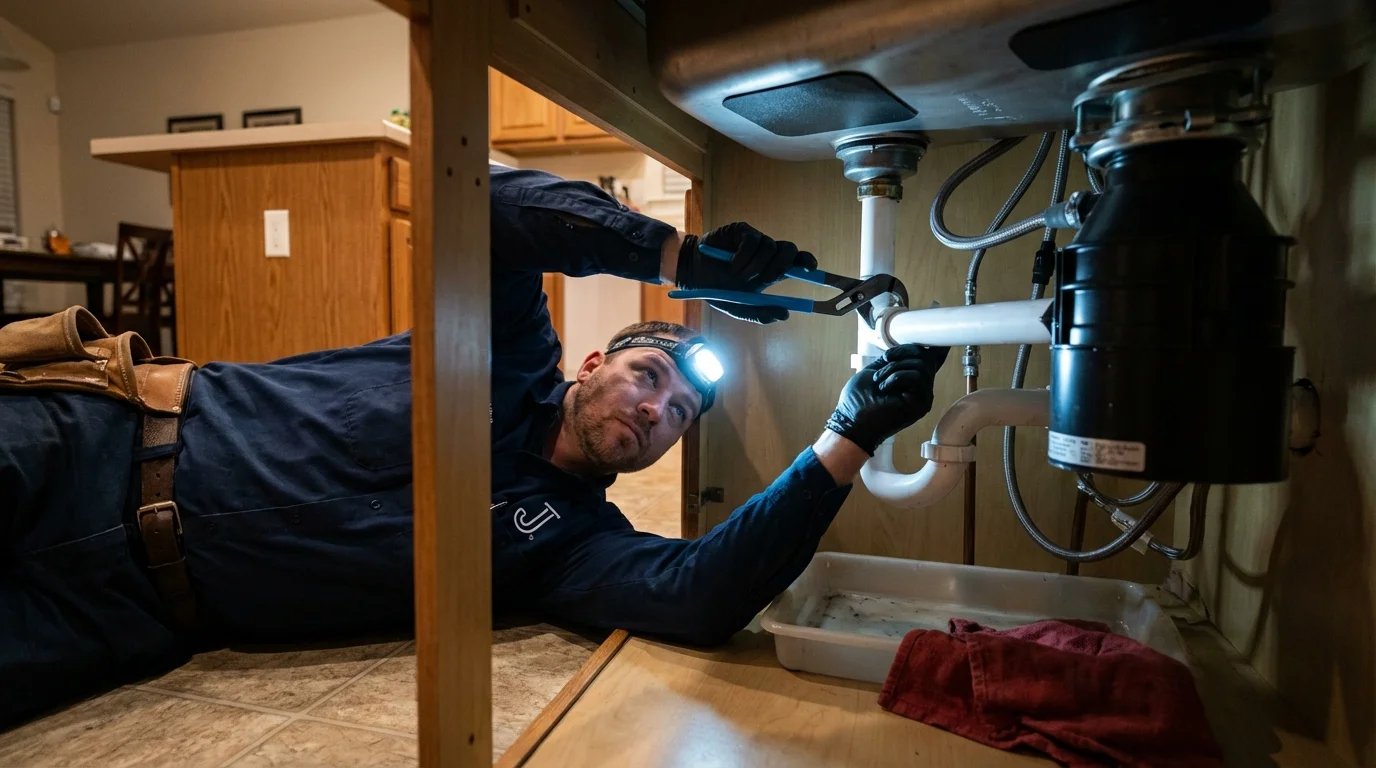 P-trap and supply line connections under a kitchen sink showing a common leak point in Rock Hall, MD
